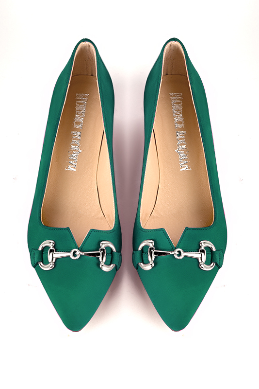 Emerald green women's dress pumps,with a square neckline. Tapered toe. Low flare heels. Top view - Florence KOOIJMAN